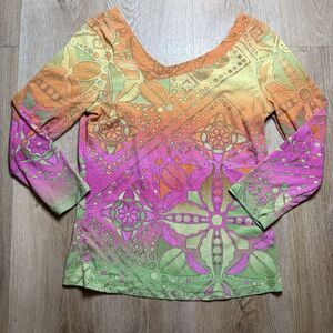 i.e. Relaxed Asymmetrical Retro Pattern Size S Orange Pink Green‎ Y2K Shirt